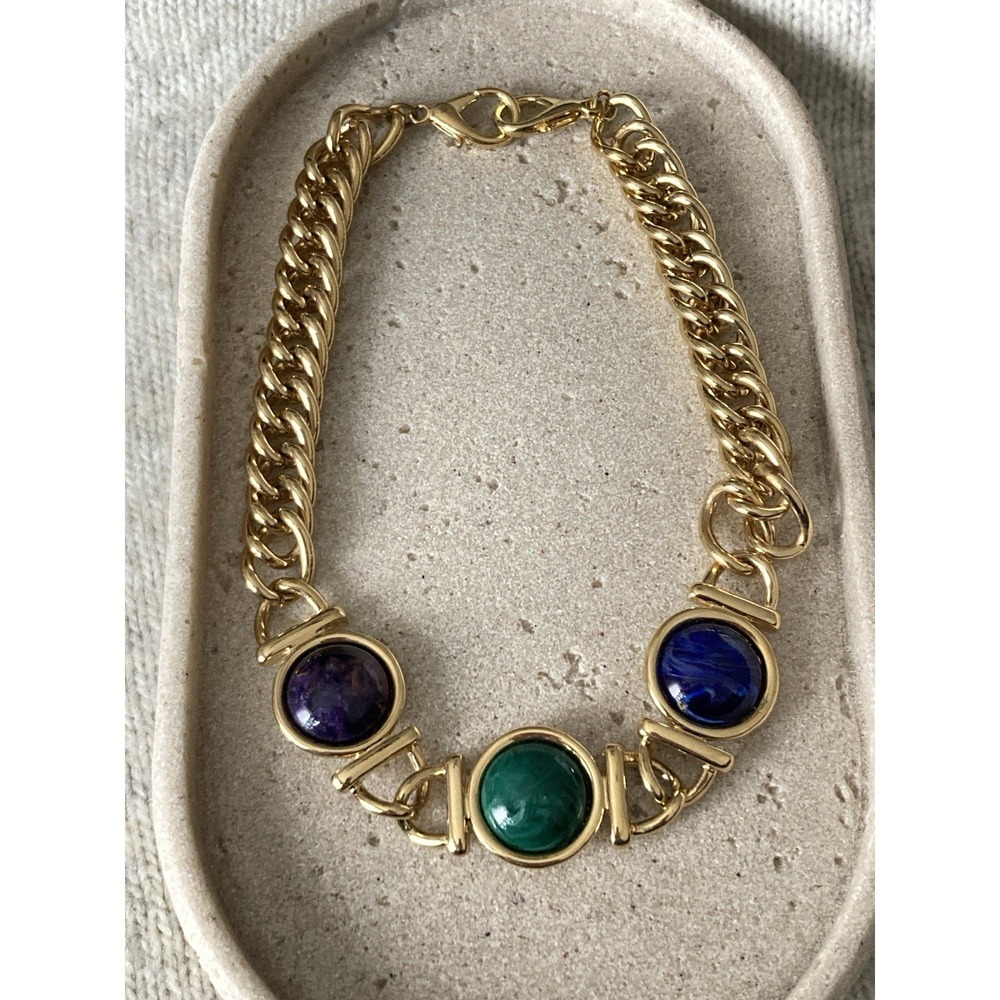 KJL Kenneth Jay Lane Collar Necklace Gold Tone Blue Green Cabochon Statement